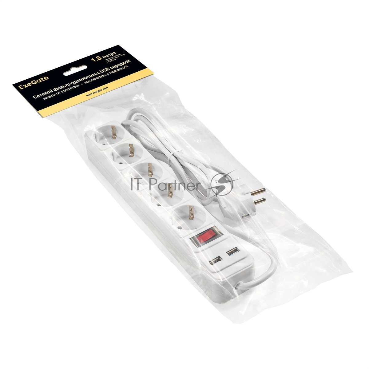Exegate EX295491RUS Сетевой фильтр-удлинитель с USB зарядкой ExeGate SP-5-USB-1.8W (5 евророзеток с заземлением, 2 USB-A 2A, 1.8м, защита от перегрузки, выключатель с подсветкой, белый)