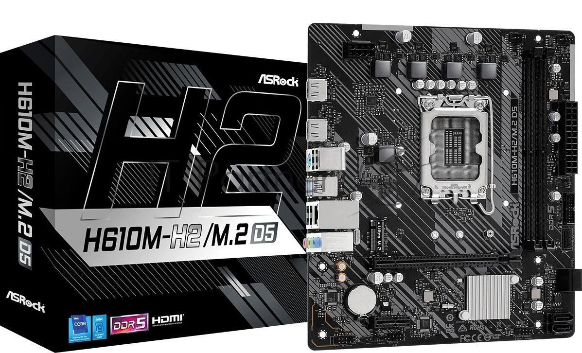 Материнская плата ASRock H610M-H2/M.2 D5, LGA1700, Intel H610, 2xDDR5, 4xSATA, 1xM.2, 1xPCIe 4.0 x16, 1xPCIe 4.0 x1, 2xHDMI, 1x1Gb LAN, USB 3.2 Gen 1, 3x3.5 мм, 7.1, microATX