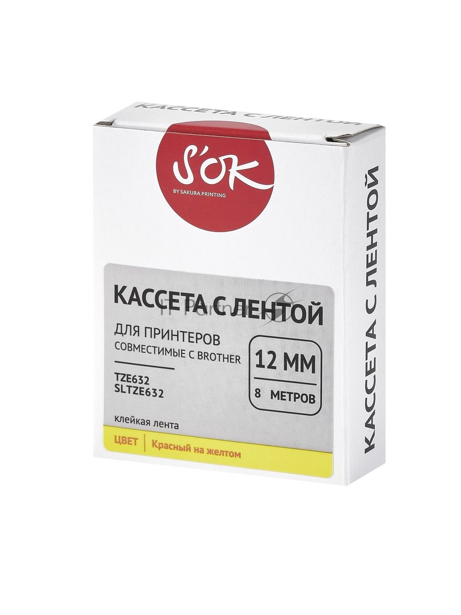 Кассета с лентой S'OK by Sakura Printing TZE632 для Brother, красный на желтом, 12мм/8м, наклейка