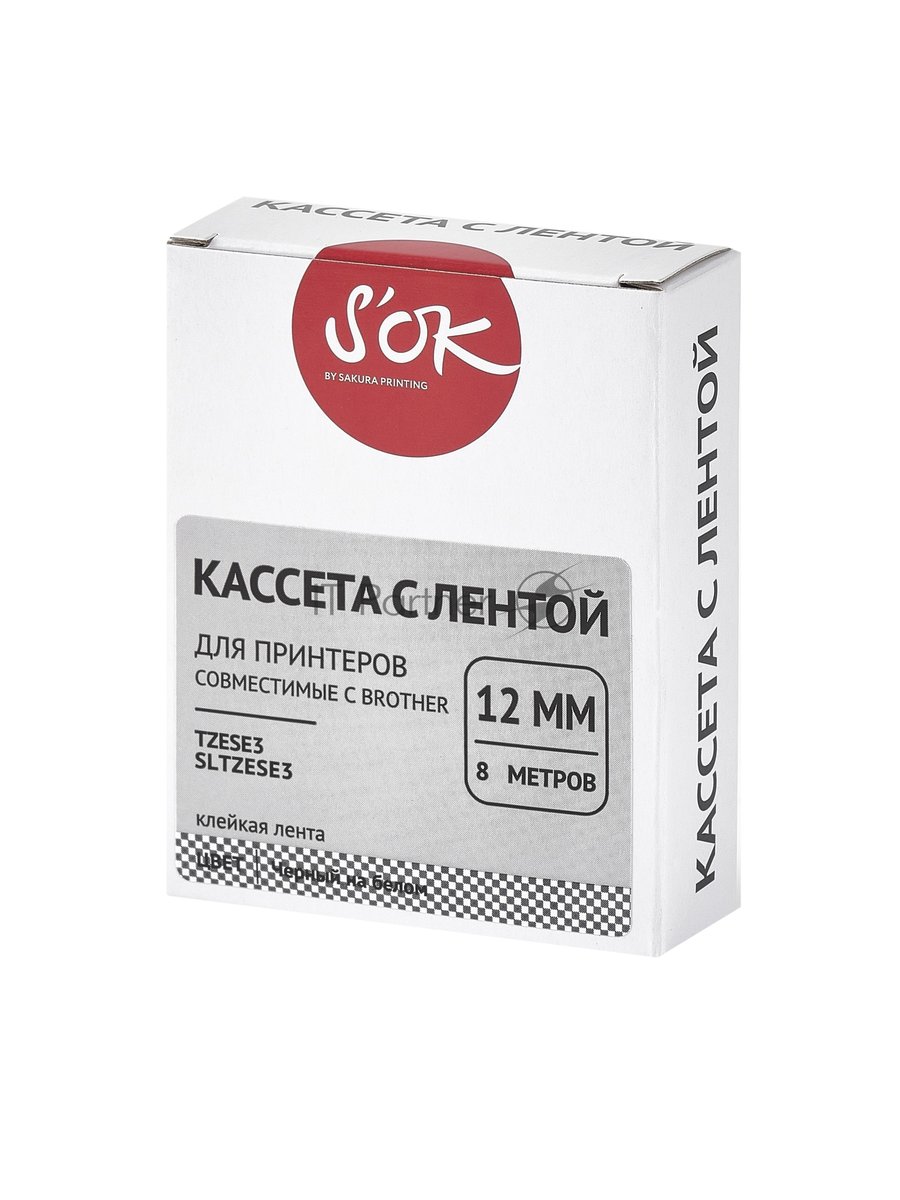 Кассета с лентой S'OK by Sakura Printing TZESE3 для Brother, черный на белом, 12мм/8м, наклейка