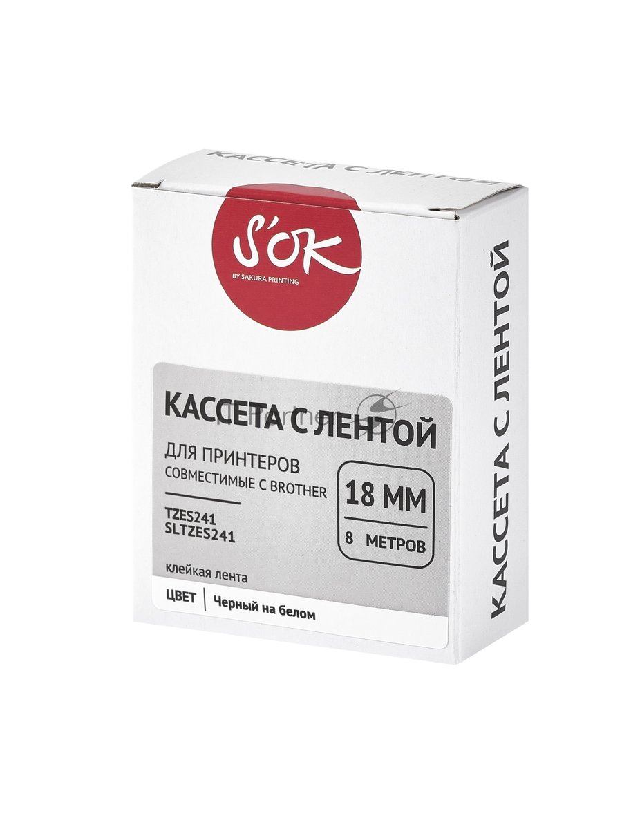 Кассета с лентой S'OK by Sakura Printing TZES241 для Brother, черный на белом, 18мм/8м, наклейка