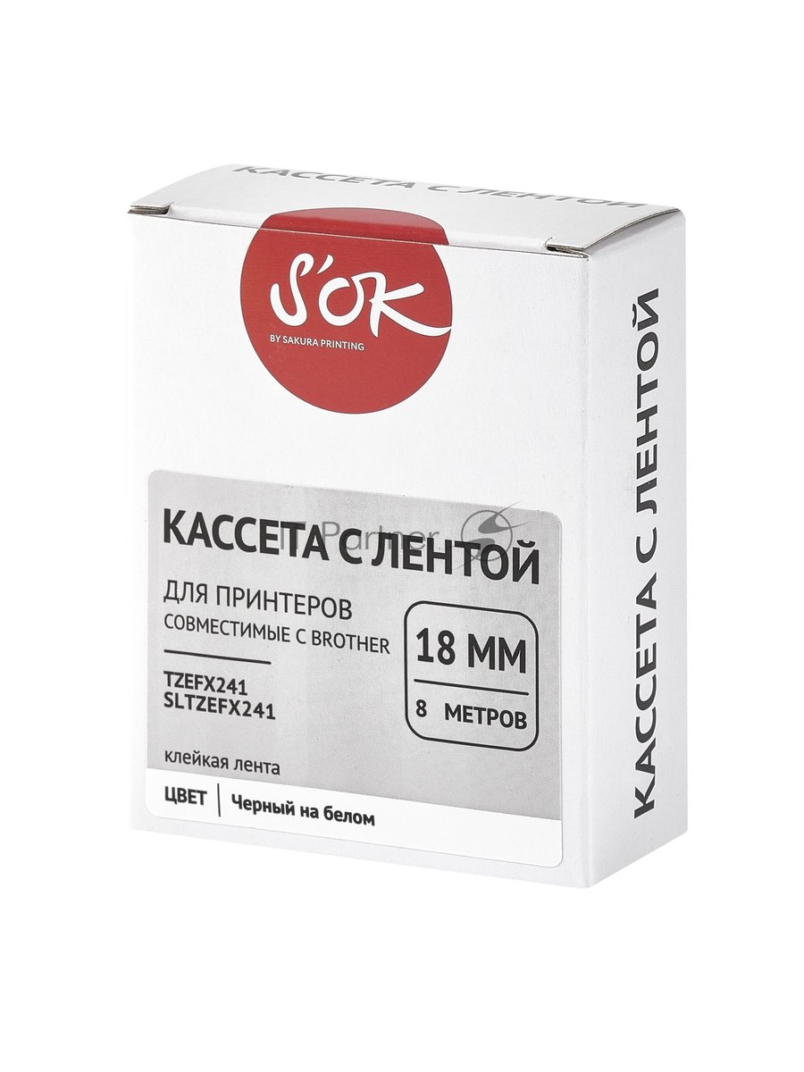 Кассета с лентой S'OK by Sakura Printing TZEFX241 для Brother, черный на белом, 18мм/8м, наклейка