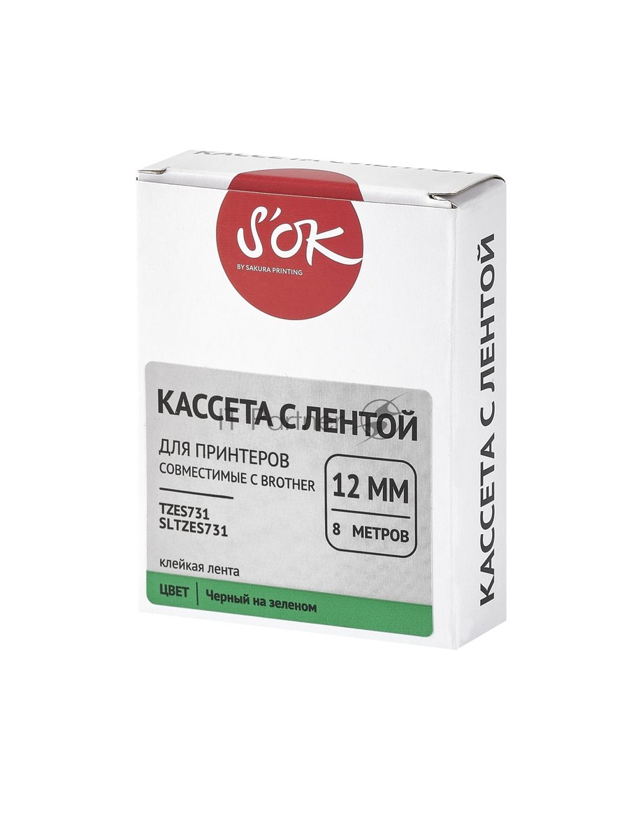 Кассета с лентой S'OK by Sakura Printing TZES731 для Brother, черный на зеленом, 12мм/8м, наклейка