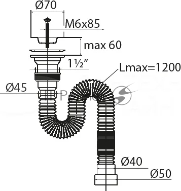 Сифон VIRPlast 30986343, МИНИ ЭЛИТ гофрированный, нерж. чашка D70 мм, L1200 мм, 1½-D40/50