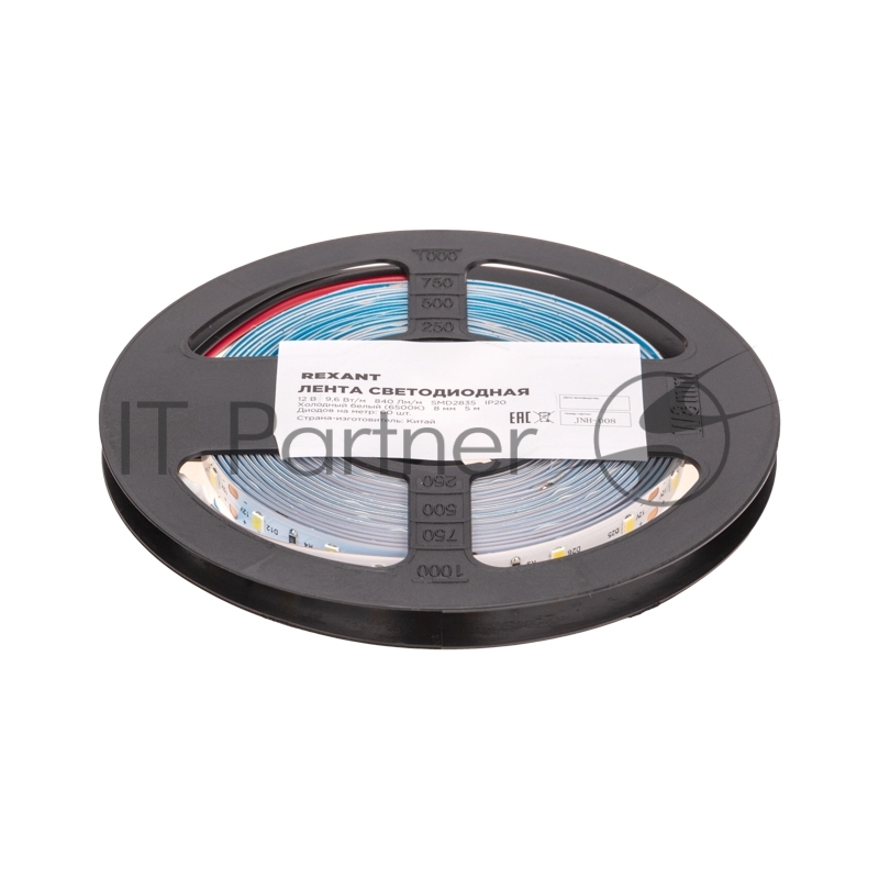 Лента светодиодная Rexant 12В, SMD2835, 9,6Вт/м, 60 LED/м, 6500K, 8мм, 5м, IP20
