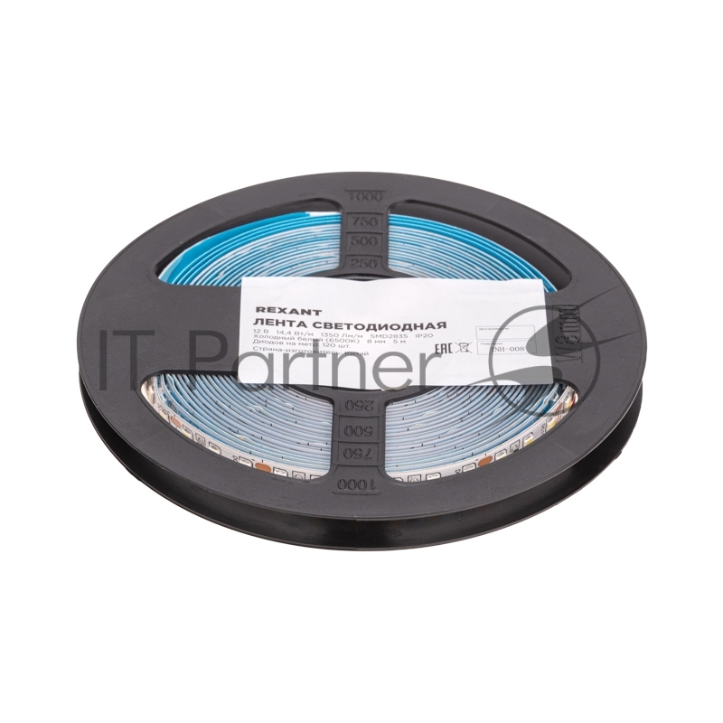 Лента светодиодная Rexant 12В, SMD2835, 14,4Вт/м, 120 LED/м, 6500K, 8мм, 5м, IP20