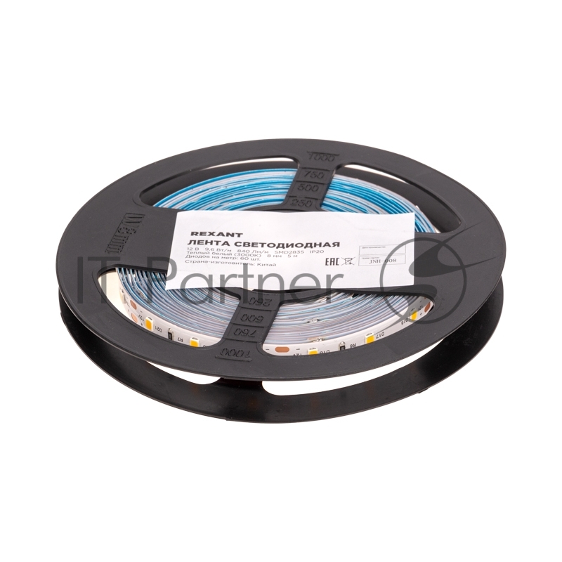Лента светодиодная Rexant 12В, SMD2835, 9,6Вт/м, 60 LED/м, 3000K, 8мм, 5м, IP20