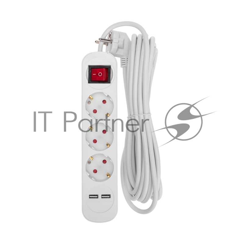 Rexant 13-4017 Удлинитель STANDARD 3 гнезда, 5м, 3х1,0мм?, с/з, с выключателем, 2 USB, белый