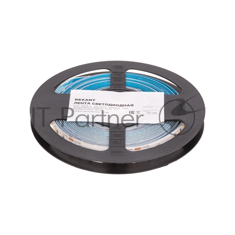 Лента светодиодная Rexant 24В, SMD2835, 9,6Вт/м, 120 LED/м, 3000K, 10мм, 5м, IP20