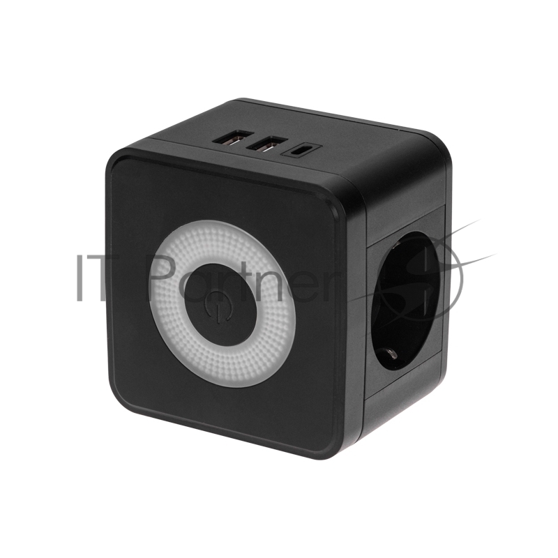 Rexant 11-1252 Двойник электрический Куб 16А с заземлением + 2х USB-A 2,4А + USB Type-C 3А с ночной подсветкой, черный
