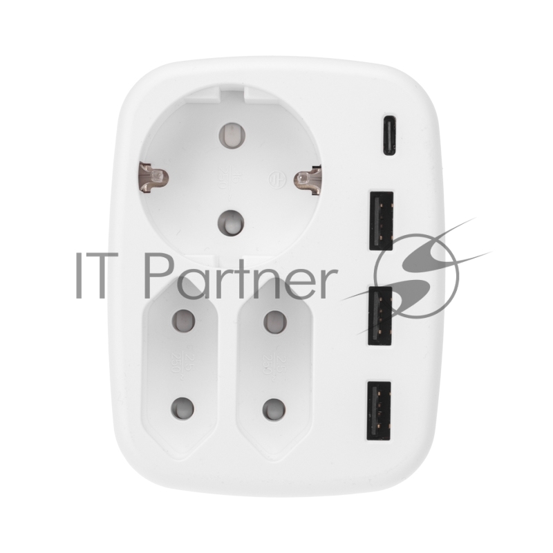Тройник электрический Rexant 16А + 2х2,5А с заземлением + 3хUSB-A 2,4А + USB Type-C 3А, белый