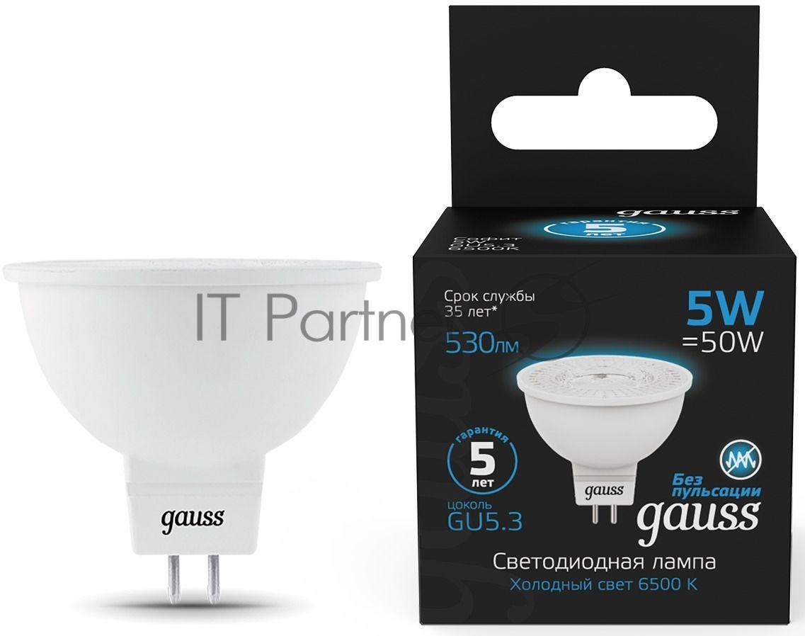 Лампа светодиодная Gauss 101505305 5Вт цок.: GU5.3 рефлек. 220B 6500K св. свеч. бел. хол. (упак.: 10 шт)