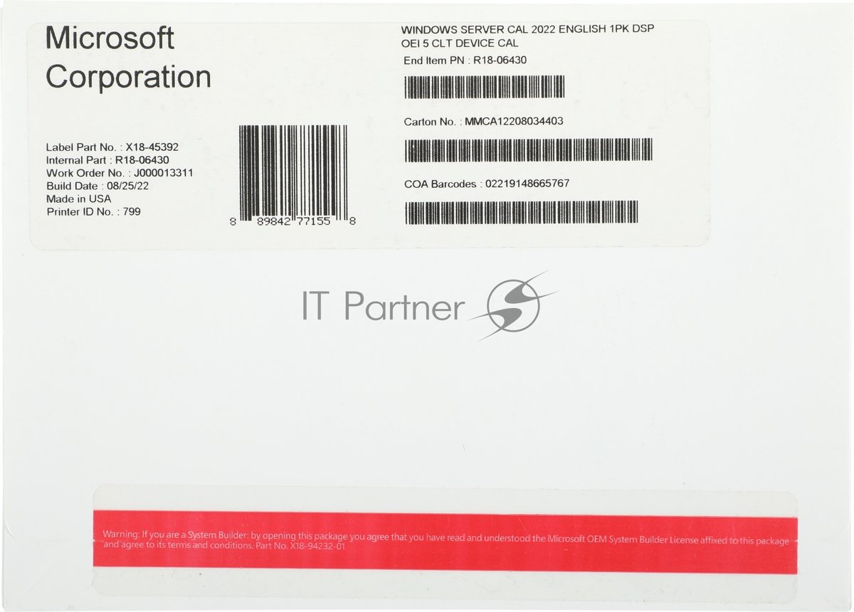 Операционная система Microsoft Windows Server CAL 2022 English 1pk DSP OEI 5 Clt Device CAL (R18-06430)
