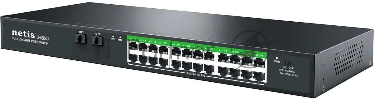Netis P124GC Коммутатор неуправляемый PoE+, 26 портов, 24x1 Гбит/с, PoE+ 24х30 Вт (до 360Вт), Uplink SFP 2x1 Гбит/с
