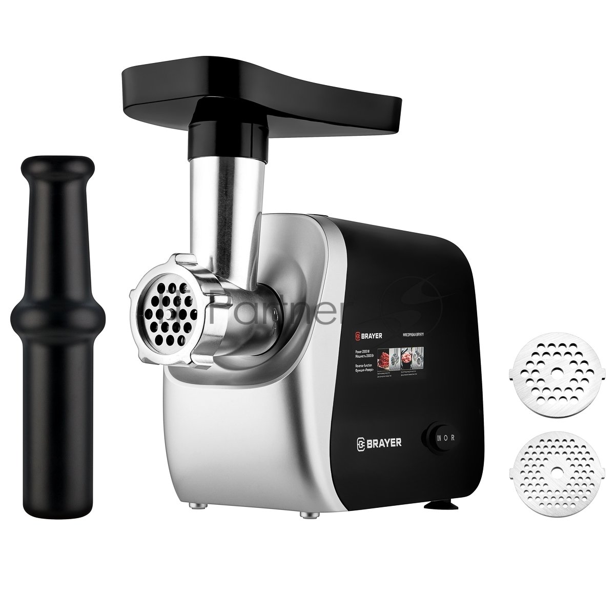 Мясорубка электрическая BRAYER BR1609 черный, 2000 Вт, 2.0 кг/мин, реверс, защита от перегрузки, насадки - 5