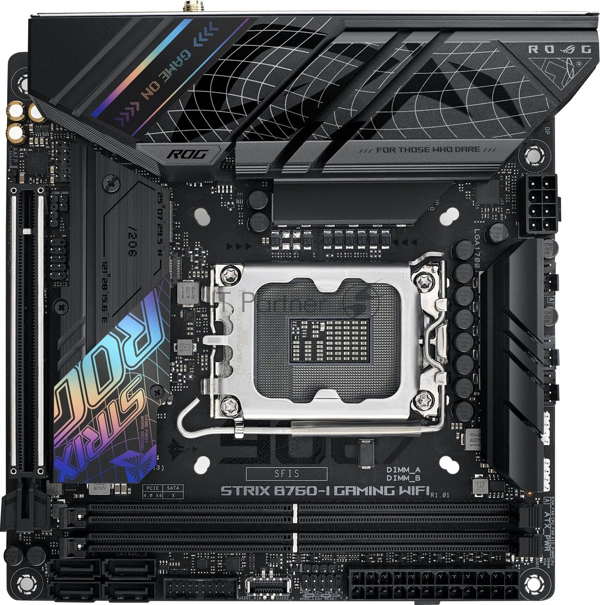 Материнская плата ASUS ROG STRIX B760-I GAMING WIFI, LGA 1700, Intel B760, 2xDDR5, 4xSATA, 2xM.2, 1xPCIe 5.0 x16, 1xHDMI, 1xDP, 1x 2.5Gb LAN, 3xUSB-A 2.0, 3xUSB-A 3.2 Gen 1, 1xUSB-C 3.2 Gen 1, 1xUSB-C 3.2 Gen 2x2, 5x3.5 мм, 7.1, Mini-ITX