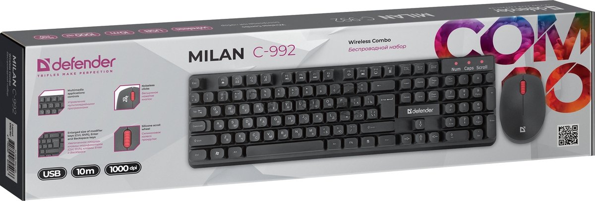 Комплект клавиатура+мышь Defender Milan C-992 беспроводной, USB, 1000 DPI, чёрный