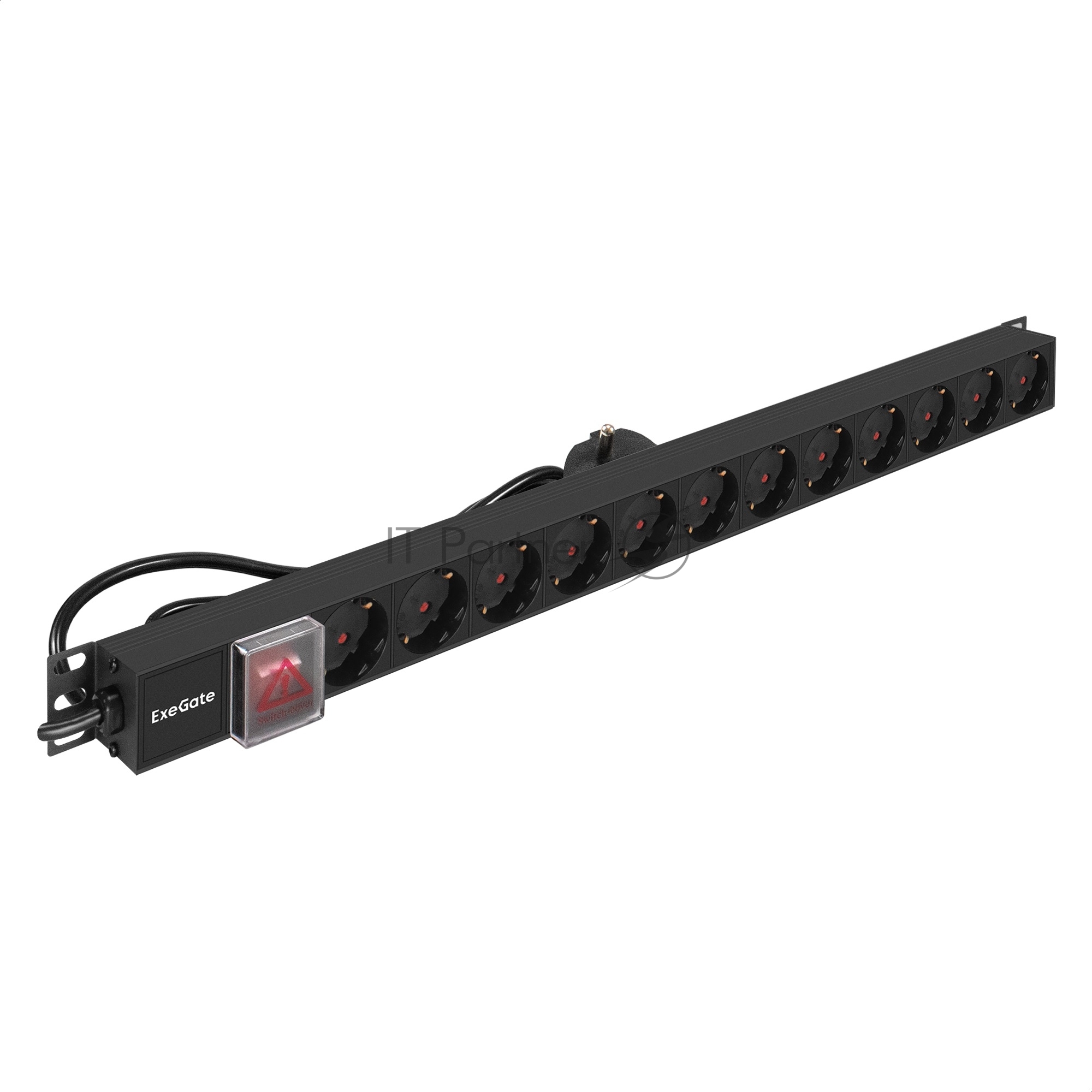 Exegate EX296172RUS Блок розеток вертикальный ExeGate ServerPro PDU-V120 Al-12S-EU2.5-SW (19", 1U, Алюминий, 12 Schuko, кабель с евровилкой VDE-250V-16A-3*1.5mm2, 2.5 метра, выкл. с подсветкой, черный