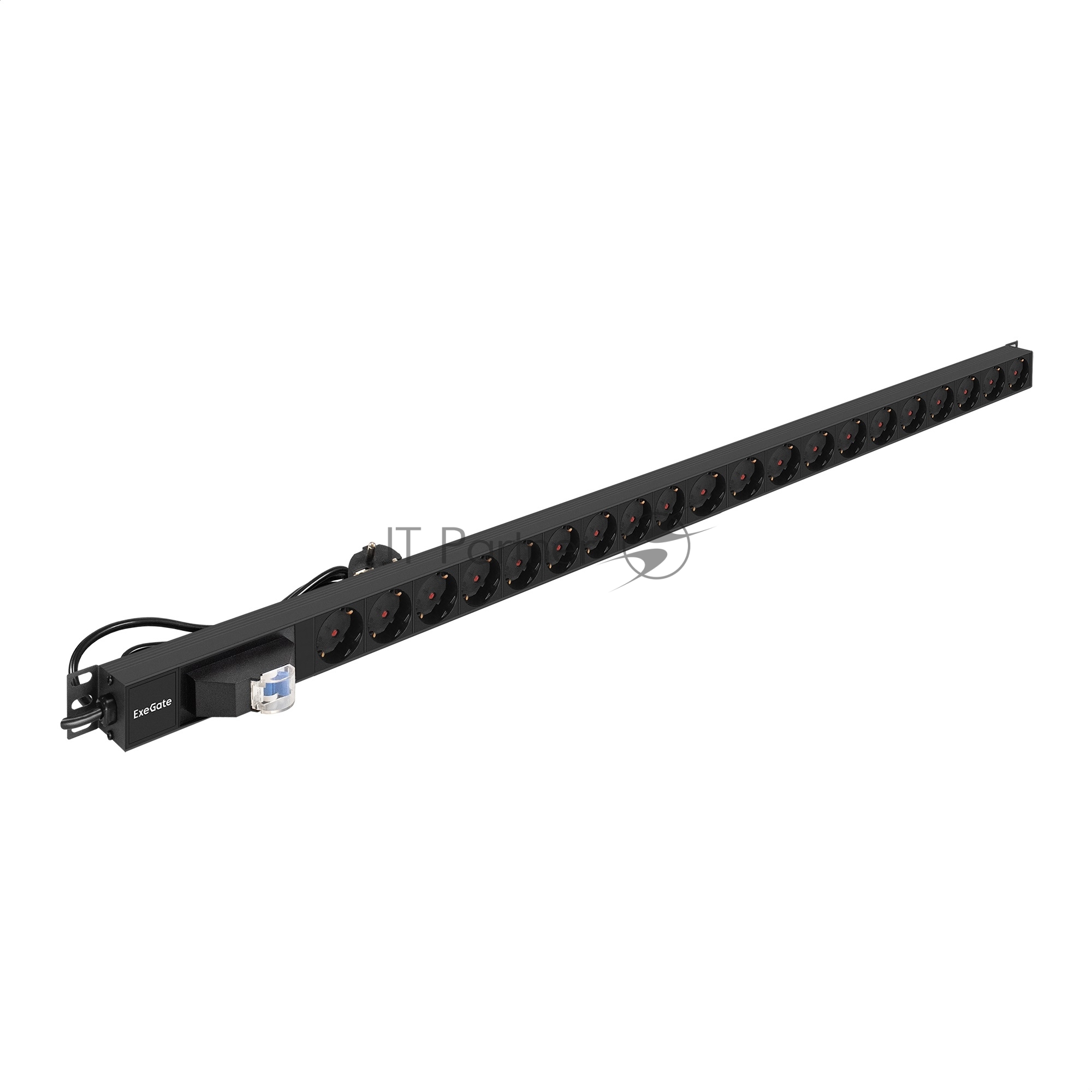 Exegate EX296173RUS Блок розеток вертикальный ExeGate ServerPro PDU-V201 Al-20S-EU3-1P (19", 1U, Алюминий,20 Schuko, кабель с евровилкой VDE-250V-16A-3*2.5mm2, 3 метра, автомат защиты, черный, RTL)