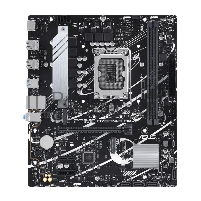 Материнская плата ASUS PRIME B760M-R D4, LGA 1700, Intel B760, 2xDDR4, 4xSATA, 2xM.2, 1xPCIe 4.0 x16, 1xPCIe x1, 1xHDMI, 1x 2.5Gb LAN, 4xUSB-A 2.0, 4xUSB-A 3.2 Gen 1, 3x3.5 мм, 7.1, mATX