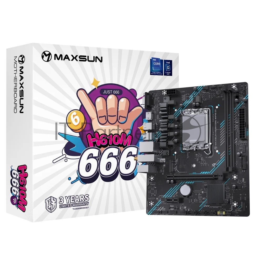 Материнская плата Maxsun H610M 666 WIFI6 D5, LGA 1700, Intel H610, 2xDDR5, 4xSATA, 1xM.2, 1xPCI-E 4.0 x16, 1xPCI-E x1, 1xHDMI, 1xDP, 1x 1Gb LAN, 3xUSB 2.0, 4xUSB 3.0, 5.1, mATX