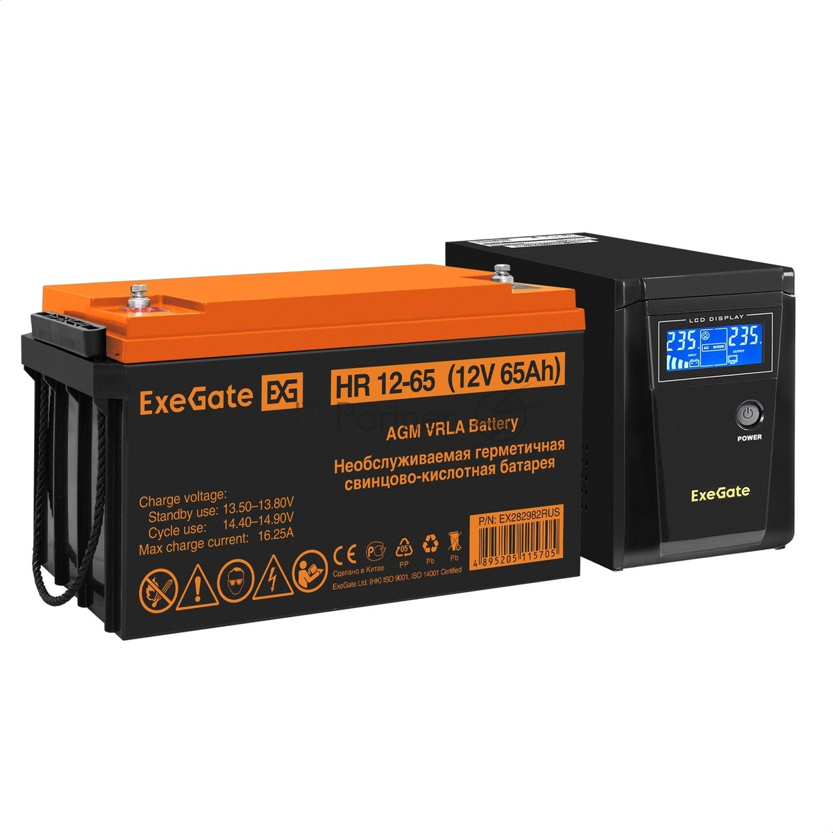 Комплект Источник бесперебойного питания EX295986RUS + батарея 65Aч EX282982RUS 1шт (инвертор, синус, для котла) ExeGate SineTower SZ-600.LCD.AVR.1SH <600VA/360W, чистый синусоида, LCD дисплей, AVR, 1*Schuko, линейно-интерактивный, Black> + батарея ExeGate HR 12-65 (12В, 65Ач) 1шт