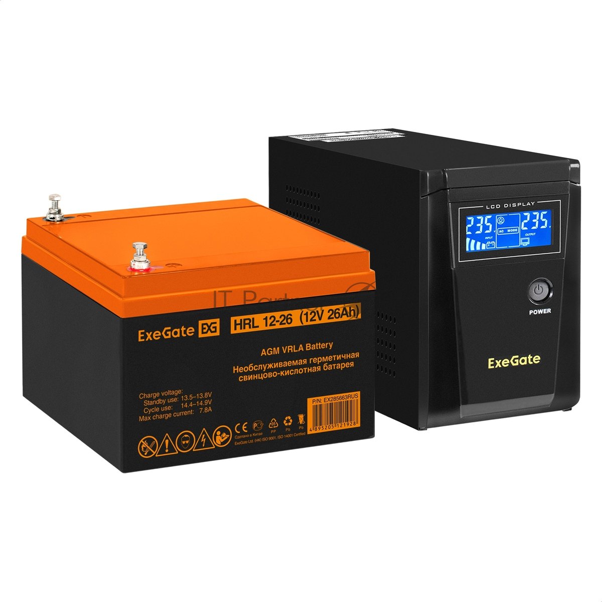 Комплект Источник бесперебойного питания EX295986RUS + батарея 26Aч EX285663RUS 1шт (инвертор, синус, для котла) ExeGate SineTower SZ-600.LCD.AVR.1SH <600VA/360W, чистый синусоида, LCD дисплей, AVR, 1*Schuko, линейно-интерактивный, Black> + батарея ExeGate HRL 12-26 (12В, 26Ач) 1шт
