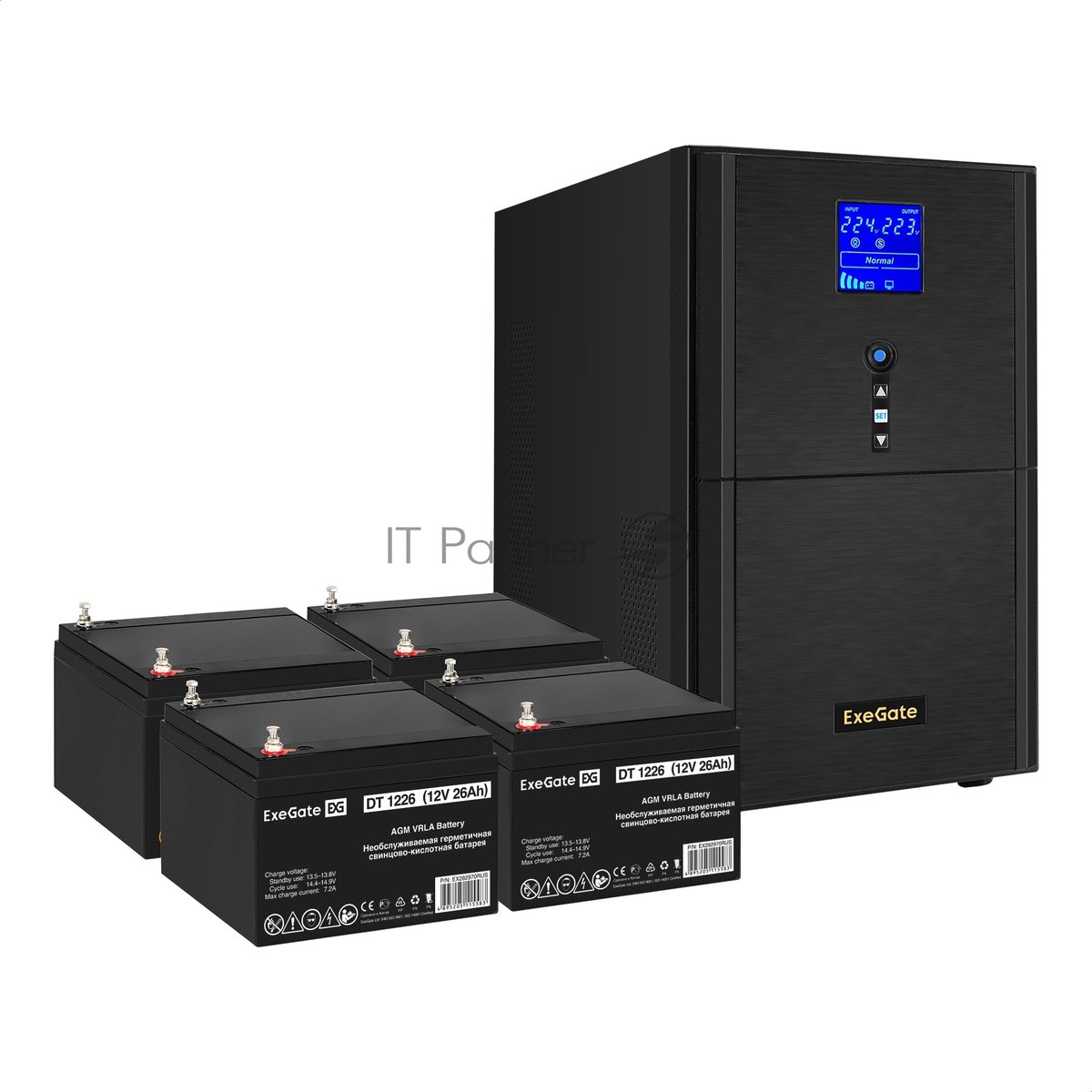Комплект Источник бесперебойного питания EX295991RUS + батарея 26Aч EX282970RUS 4шт (инвертор, синус, для котла) ExeGate SineTower SZ-5000.LCD.AVR.2SH.1C13.T.RJ.USB <5000VA/4000W, чистый синусоида, LCD дисплей, AVR, 2*Schuko+1*C13+клеммы, RJ45/11, USB, линейно-интерактивный, черный> + батарея ExeGate DT 1226 (12В, 26А·ч) 4шт