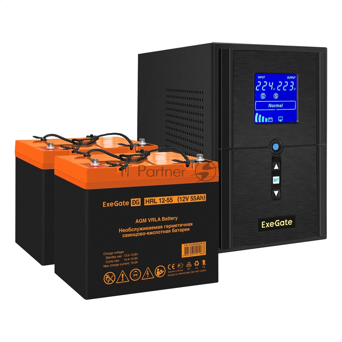 Комплект Источник бесперебойного питания EX295987RUS + батарея 55Aч EX285652RUS 2шт (инвертор, синус, для котла) ExeGate SineTower SZ-1000.LCD.AVR.2SH.1C13.USB 1000VA/800W, чистый синусоида, LCD дисплей, AVR, 2*Schuko+1*C13, USB, линейно-интерактивный, черный + батарея ExeGate HRL 12-55 (12В, 55А·ч) 2шт