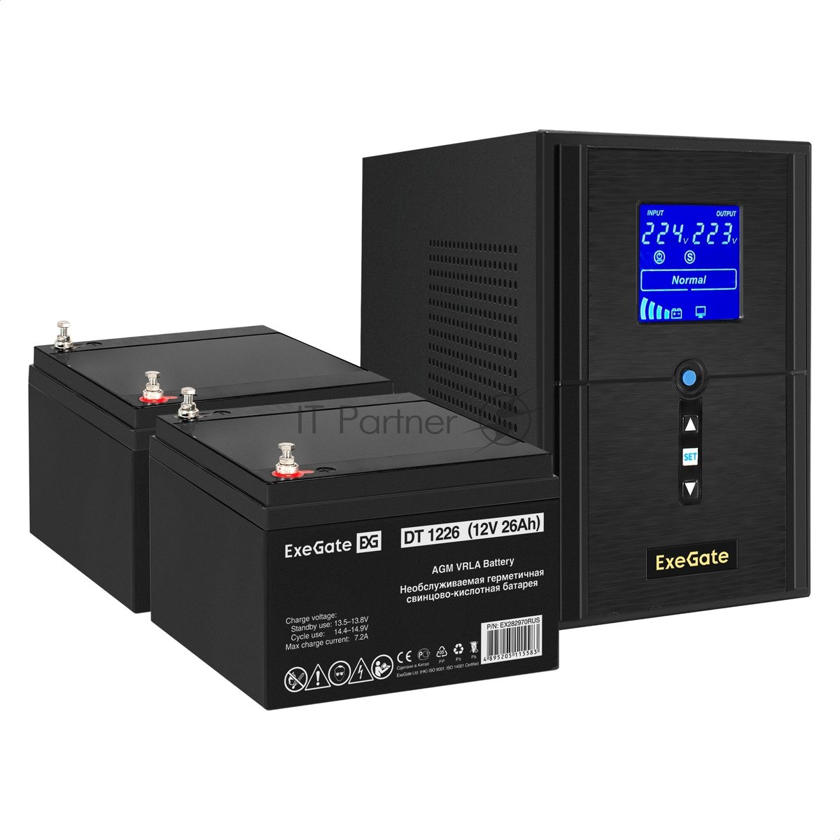 Комплект Источник бесперебойного питания EX295987RUS + батарея 26Aч EX282970RUS 2шт (инвертор, синус, для котла) ExeGate SineTower SZ-1000.LCD.AVR.2SH.1C13.USB 1000VA/800W, чистый синусоида, LCD дисплей, AVR, 2*Schuko+1*C13, USB, линейно-интерактивный, черный + батарея ExeGate DT 1226 (12В, 26А·ч) 2шт