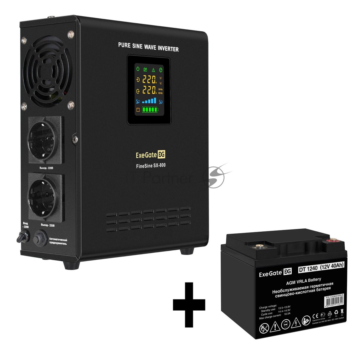 Комплект Источник бесперебойного питания EX295996RUS + батарея 40Aч EX282976RUS 1шт (инвертор, синус, для котла, настенный) ExeGate FineSine SX-800.LCD.AVR.2SH <800VA/500W, чистая синусоида, цветной LCD-дисплей, AVR, 2*Schuko, линейно-интерактивный, крепление настенное/универсальное, черный> + батарея ExeGate DT 1240 (12В, 40Ач) 1шт