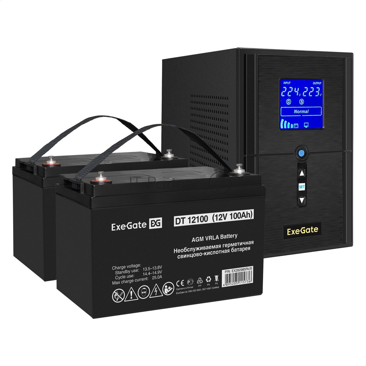 Комплект Источник бесперебойного питания EX295987RUS + батарея 100Aч EX282985RUS 2шт (инвертор, синус, для котла) ExeGate SineTower SZ-1000.LCD.AVR.2SH.1C13.USB 1000VA/800W, чистый синусоида, LCD дисплей, AVR, 2*Schuko+1*C13, USB, линейно-интерактивный, черный + батарея ExeGate DT 12100 (12В, 100Ач) 2шт