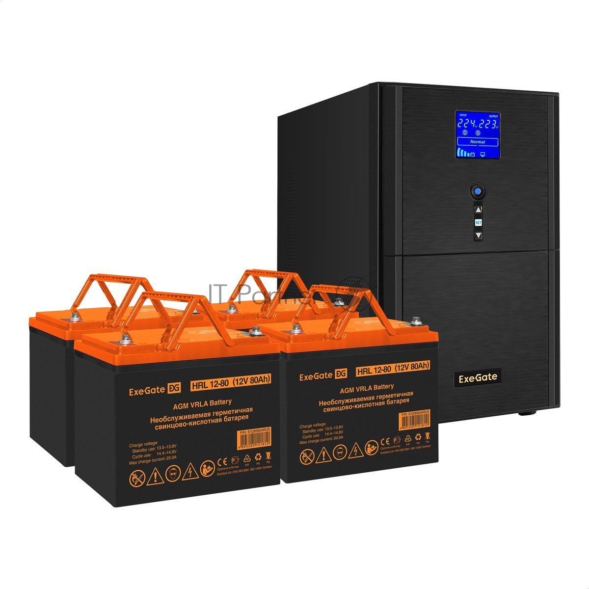 Комплект Источник бесперебойного питания EX295991RUS + батарея 80Aч EX285654RUS 4шт (инвертор, синус, для котла) ExeGate SineTower SZ-5000.LCD.AVR.2SH.1C13.T.RJ.USB <5000VA/4000W, чистый синусоида, LCD дисплей, AVR, 2*Schuko+1*C13+клеммы, RJ45/11, USB, линейно-интерактивный, Black> + батарея ExeGate HRL 12-80 (12В, 80Ач) 4шт