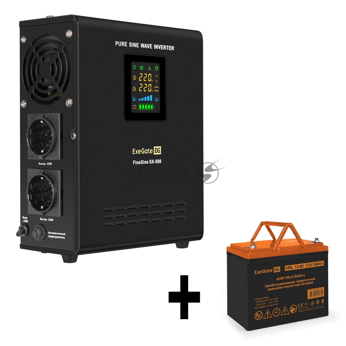 Комплект Источник бесперебойного питания EX295995RUS + батарея 80Aч EX285654RUS 1шт (инвертор, синус, для котла, настенный) ExeGate FineSine SX-500.LCD.AVR.2SH <500VA/300W, чистая синусоида, цветной LCD-дисплей, AVR, 2*Schuko, линейно-интерактивный, крепление настенное/универсальное, Black> + батарея ExeGate HRL 12-80 (12В, 80Ач) 1шт