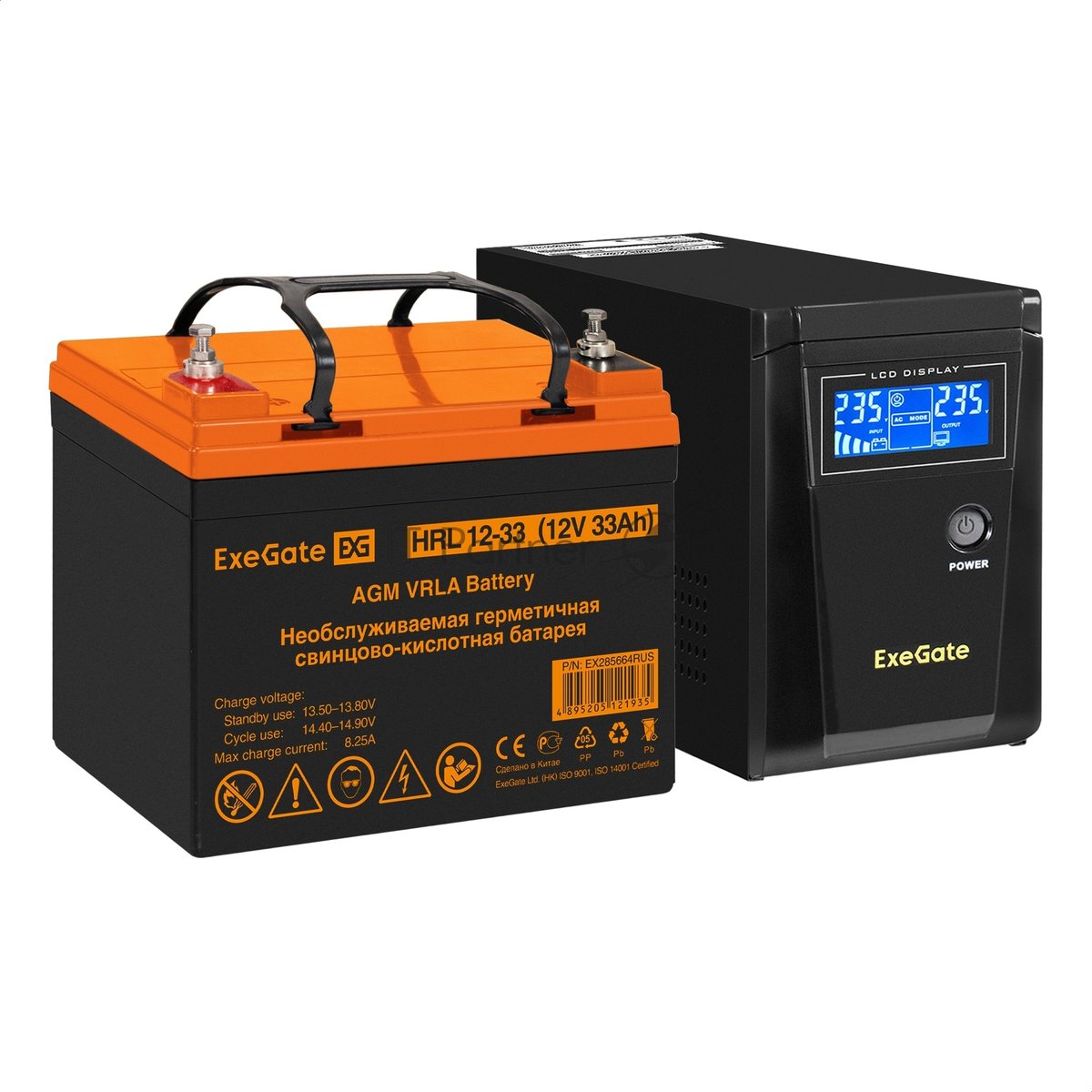 Комплект Источник бесперебойного питания EX295986RUS + батарея 33Aч EX285664RUS 1шт (инвертор, синус, для котла) ExeGate SineTower SZ-600.LCD.AVR.1SH <600VA/360W, чистый синусоида, LCD дисплей, AVR, 1*Schuko, линейно-интерактивный, Black> + батарея ExeGate HRL 12-33 (12В, 33Ач) 1шт