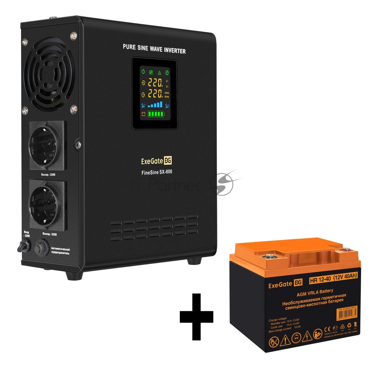 Комплект Источник бесперебойного питания EX295996RUS + батарея 40Aч EX282979RUS 1шт (инвертор, синус, для котла, настенный) ExeGate FineSine SX-800.LCD.AVR.2SH <800VA/500W, чистая синусоида, цветной LCD-дисплей, AVR, 2*Schuko, линейно-интерактивный, крепление настенное/универсальное, черный> + батарея ExeGate HR 12-40 (12В, 40Ач) 1шт