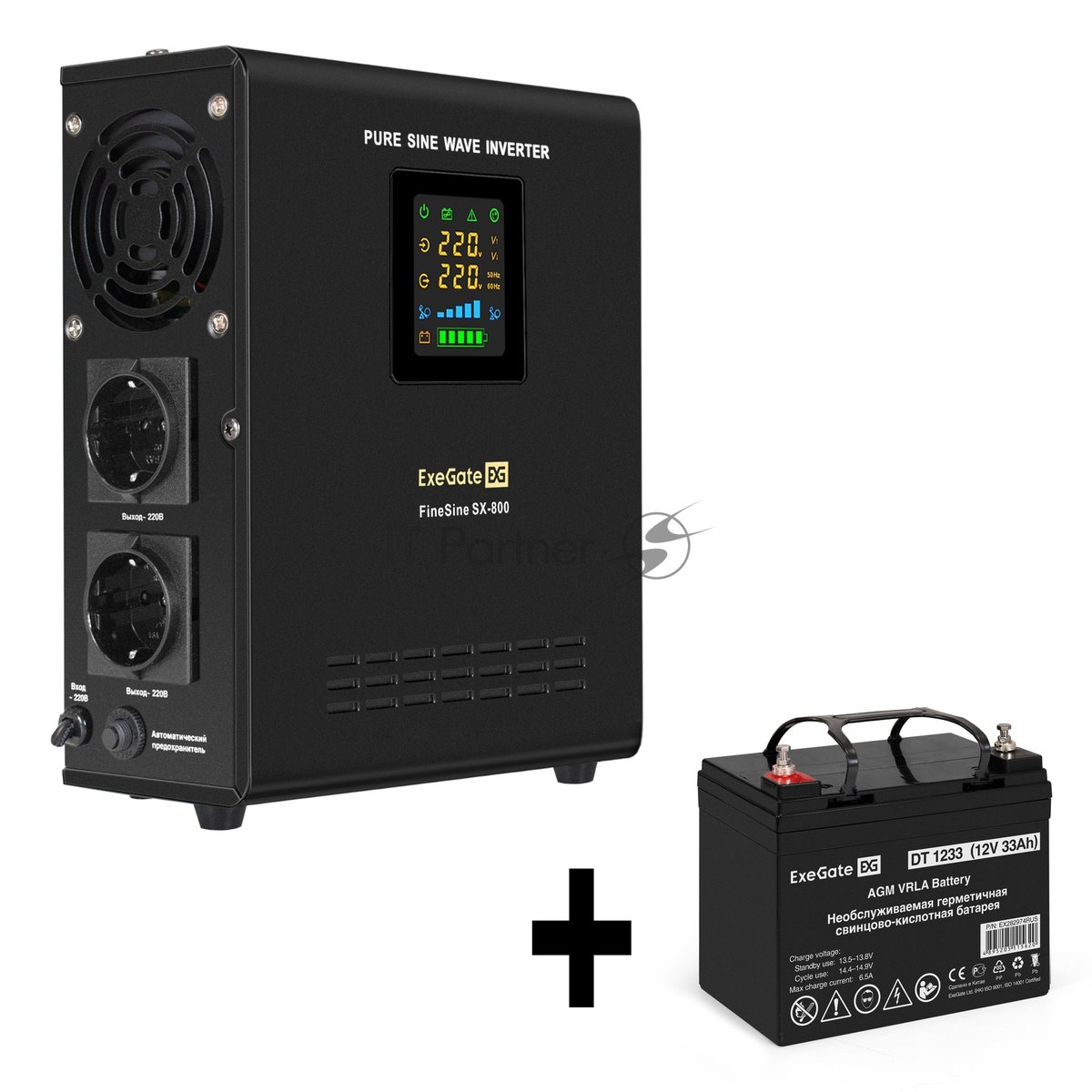 Комплект Источник бесперебойного питания EX295996RUS + батарея 33Aч EX282974RUS 1шт (инвертор, синус, для котла, настенный) ExeGate FineSine SX-800.LCD.AVR.2SH <800VA/500W, чистая синусоида, цветной LCD-дисплей, AVR, 2*Schuko, линейно-интерактивный, крепление настенное/универсальное, черный> + батарея ExeGate DT 1233 (12В, 33Ач) 1шт