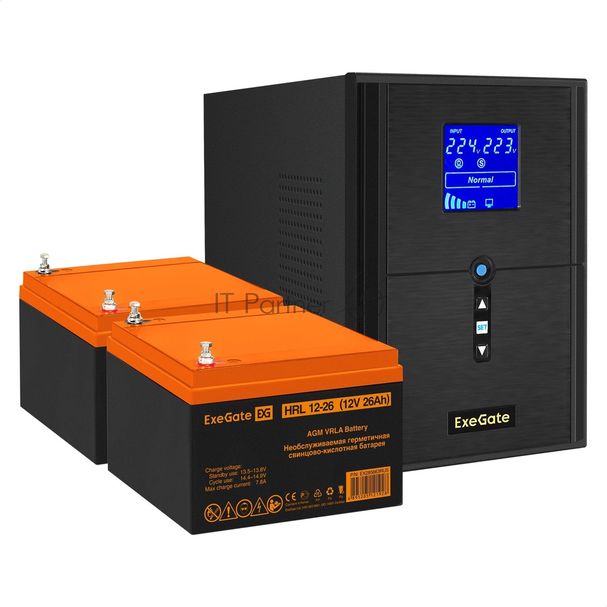Комплект Источник бесперебойного питания EX295989RUS + батарея 26Aч EX285663RUS 2шт (инвертор, синус, для котла) ExeGate SineTower SZ-2000.LCD.AVR.3SH.1C13.USB 2000VA/1600W, чистый синусоида, LCD дисплей, AVR, 3хSchuko+1хC13, USB, линейно-интерактивный, черный + батарея ExeGate HRL 12-26 (12В, 26А·ч) 2шт