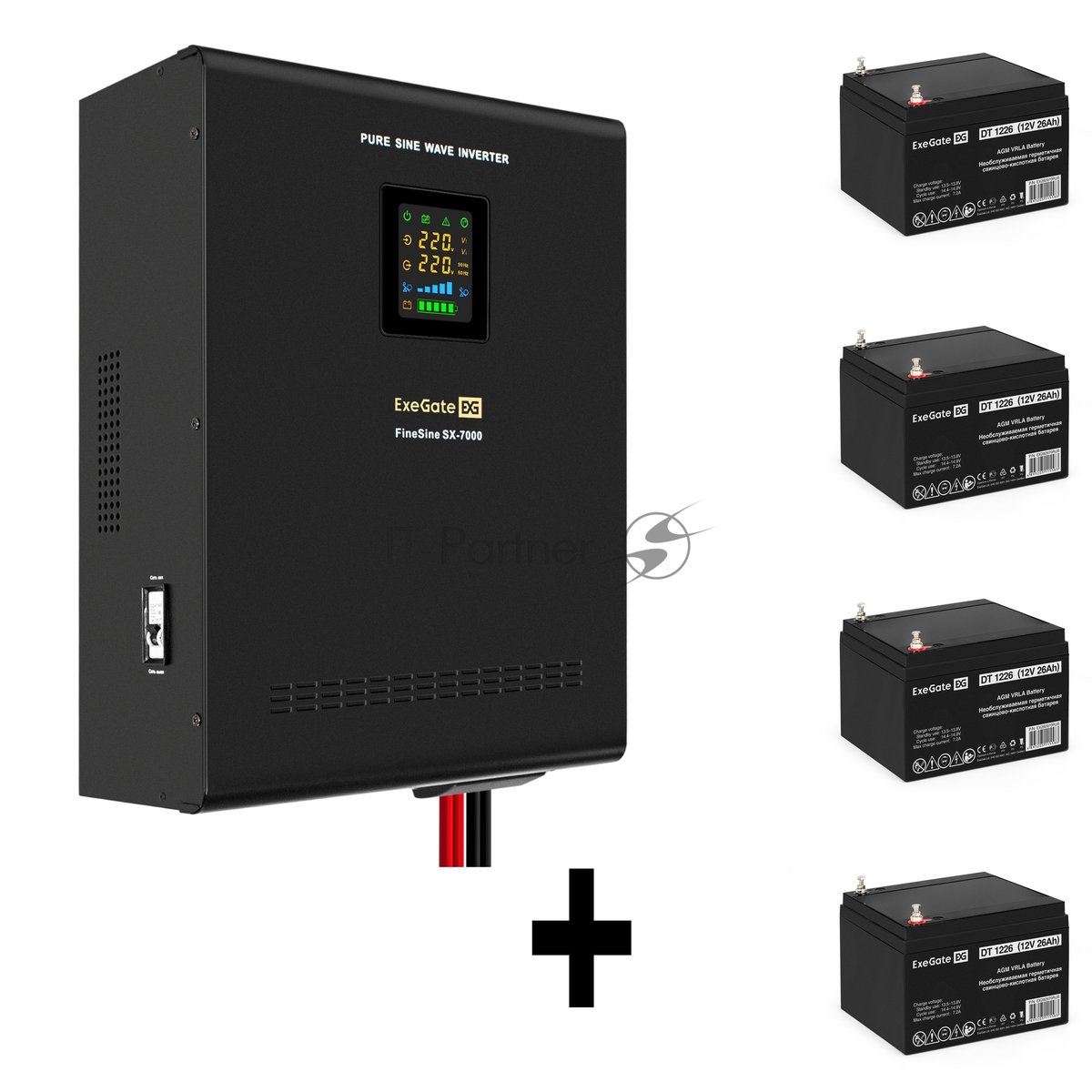 Комплект Источник бесперебойного питания EX296005RUS + батарея 26Aч EX282970RUS 4шт (инвертор, синус, для котла, настенный) ExeGate FineSine SX-7000.LCD.AVR.2SH.T 7000VA/5000W, чистая синусоида, цветной LCD-дисплей, AVR, 2*Schuko+клеммы, линейно-интерактивный, крепление настенное, черный + батарея ExeGate DT 1226 (12В, 26А·ч) 4шт