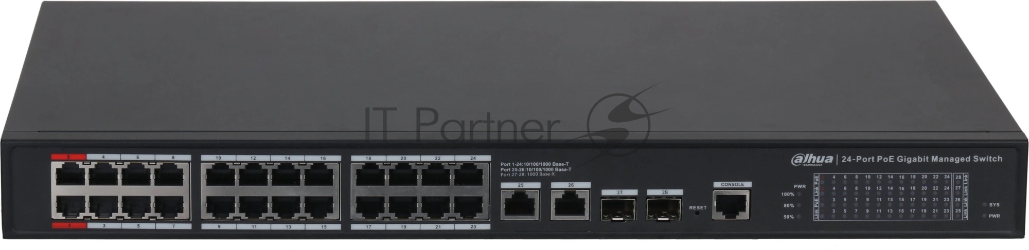 Коммутатор Dahua DH-S4228-24GT-240, 24×1 Гбит/с PoE + 2×1 Гбит/с + 2×1 Гбит/с SFP, управляемый
