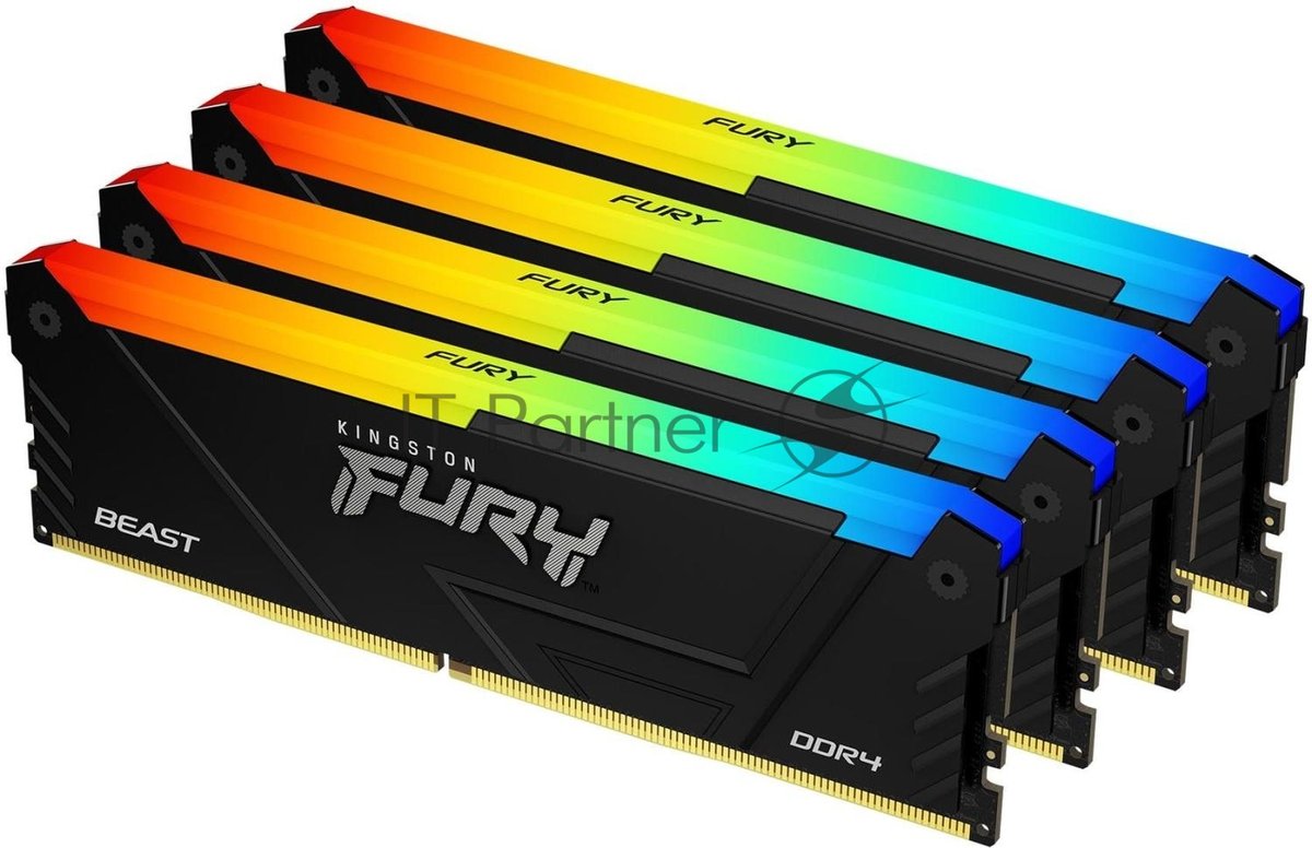 Оперативная память Kingston Fury Beast, DDR4, 64Gb (4x16Gb), 3200MHz, CL16, DIMM, с радиатором, RGB, черный
