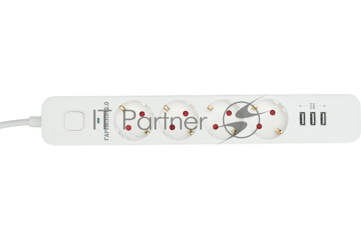 Сетевой фильтр Гарнизон 2.0 Мультипорт EPS-4-U3-W-4, 4 р, 10А, 3xUSB, 4 м, ур.защиты 2+, белый, пакет