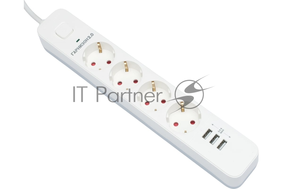 Сетевой фильтр Гарнизон 2.0 Мультипорт EPS-4-U3-W-4, 4 р, 10А, 3xUSB, 4 м, ур.защиты 2+, белый, пакет