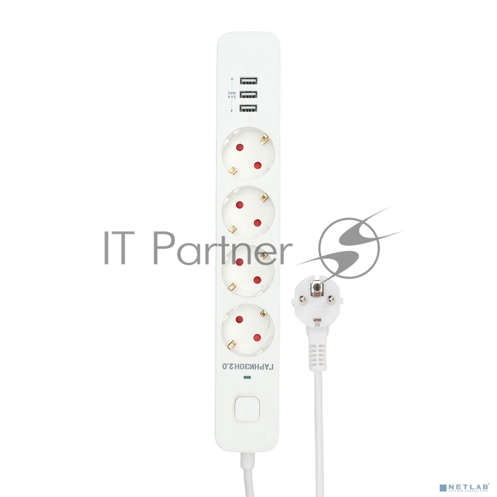 Сетевой фильтр Гарнизон 2.0 Мультипорт EPS-4-U3-W-2, 4 р, 10А, 3xUSB, 2 м, ур.защиты 2+, белый, пакет