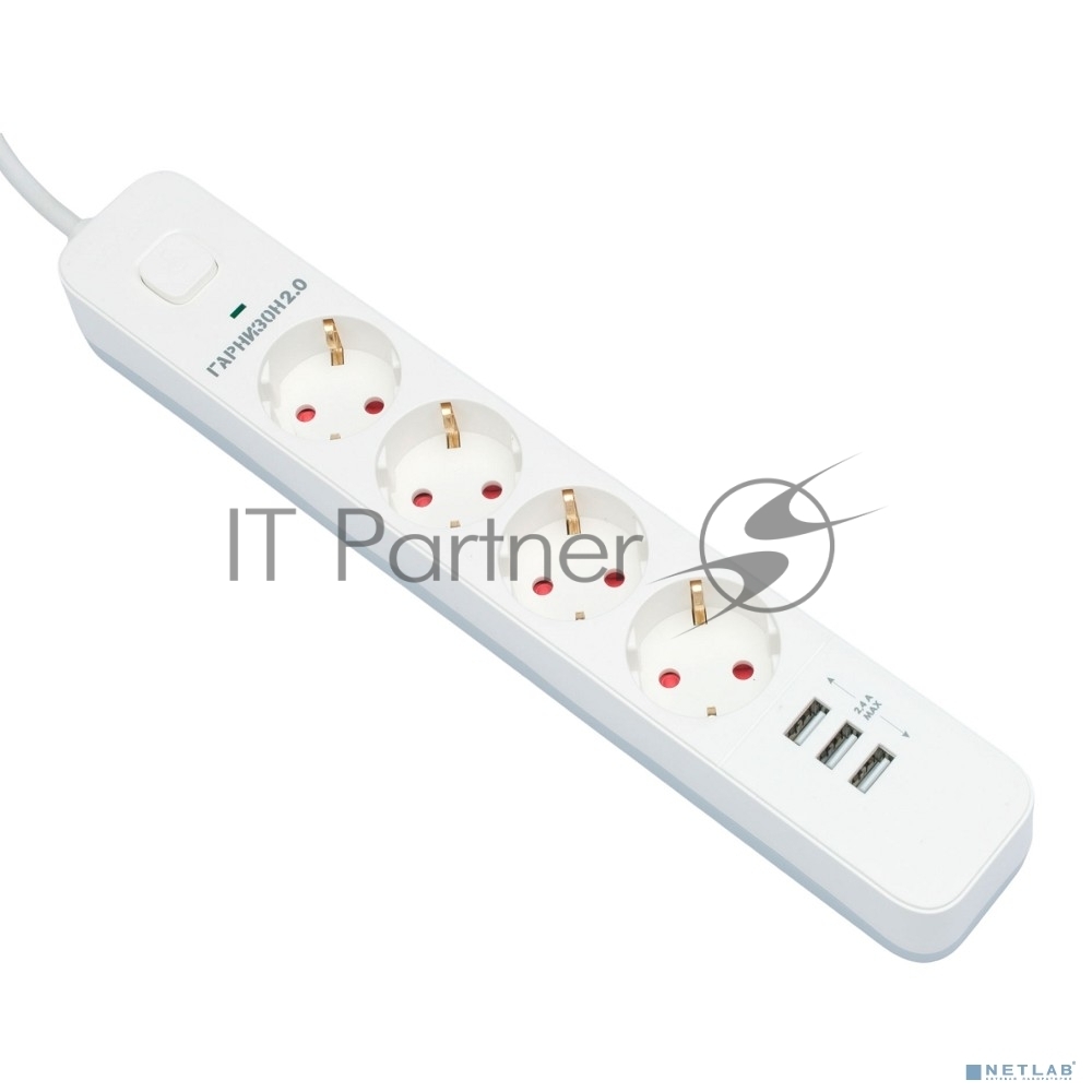 Сетевой фильтр Гарнизон 2.0 Мультипорт EPS-4-U3-W-2, 4 р, 10А, 3xUSB, 2 м, ур.защиты 2+, белый, пакет