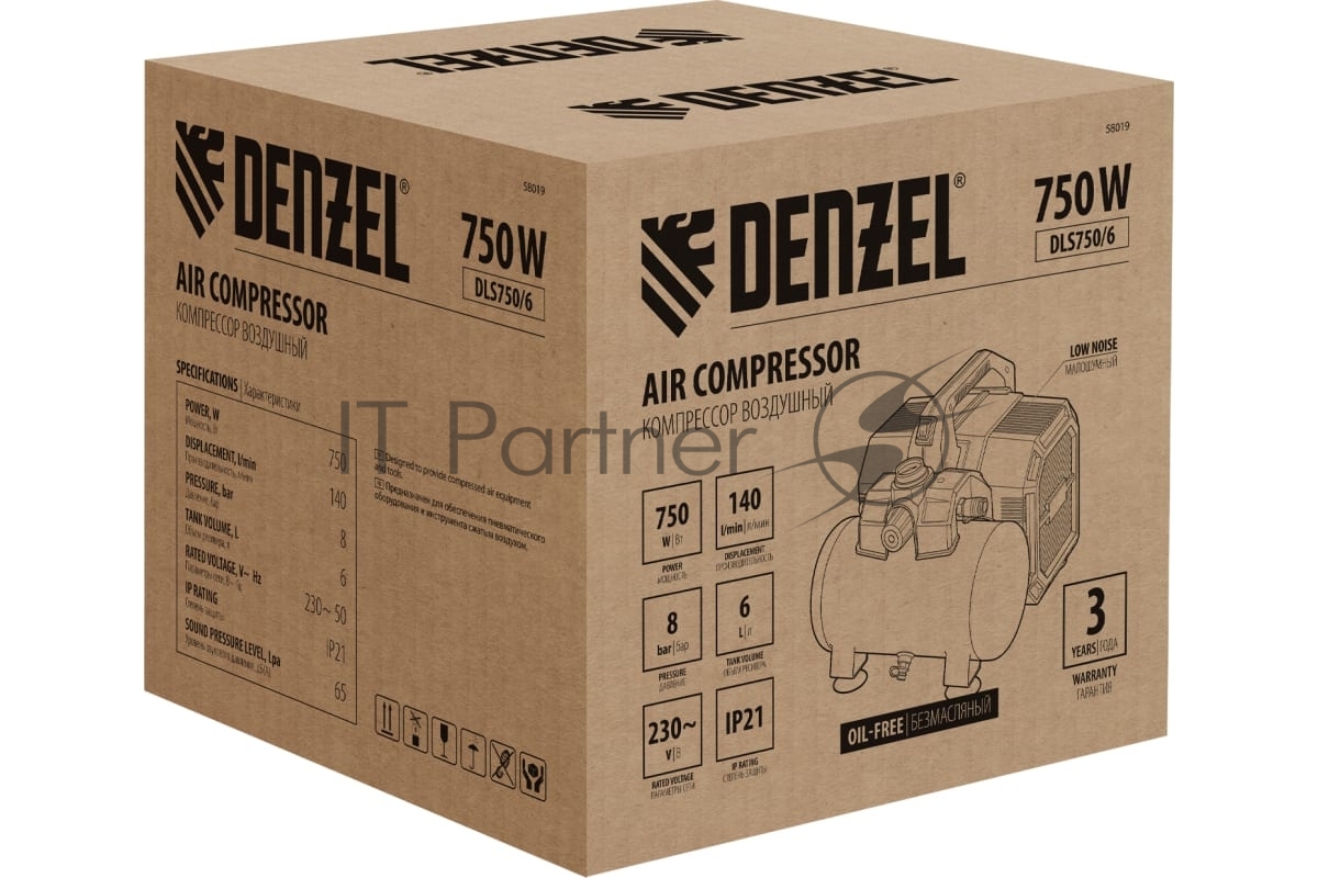 Компрессор Denzel DLS750/6 безмасляный малошумный 750 Вт, 140 л/мин,ресивер 6 л