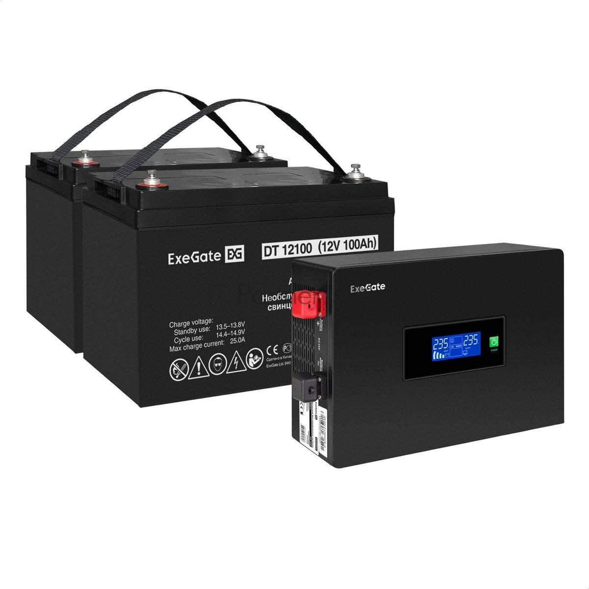 Комплект Источник бесперебойного питания EX295994RUS + батарея 100Aч EX282985RUS 2шт (инвертор, синус, для котла, PF=1, настенный) ExeGate IdealSine SR-1500.LCD.2SH  <1500VA/1500W, чистая синусоида, цветной LCD-дисплей, 2*Schuko, крепление настенное, черный> + батарея ExeGate DT 12100 (12В, 100Ач) 2шт