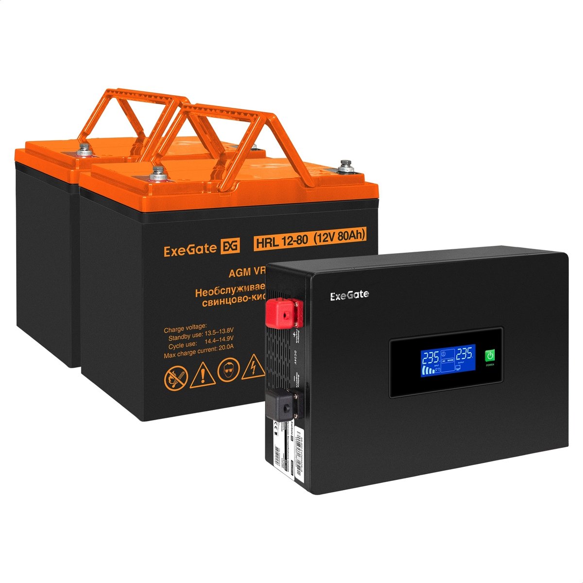 Комплект Источник бесперебойного питания EX295994RUS + батарея 80Aч EX285654RUS 2шт (инвертор, синус, для котла, PF=1, настенный) ExeGate IdealSine SR-1500.LCD.2SH  <1500VA/1500W, чистая синусоида, цветной LCD-дисплей, 2*Schuko, крепление настенное, Black> + батарея ExeGate HRL 12-80 (12В, 80Ач) 2шт