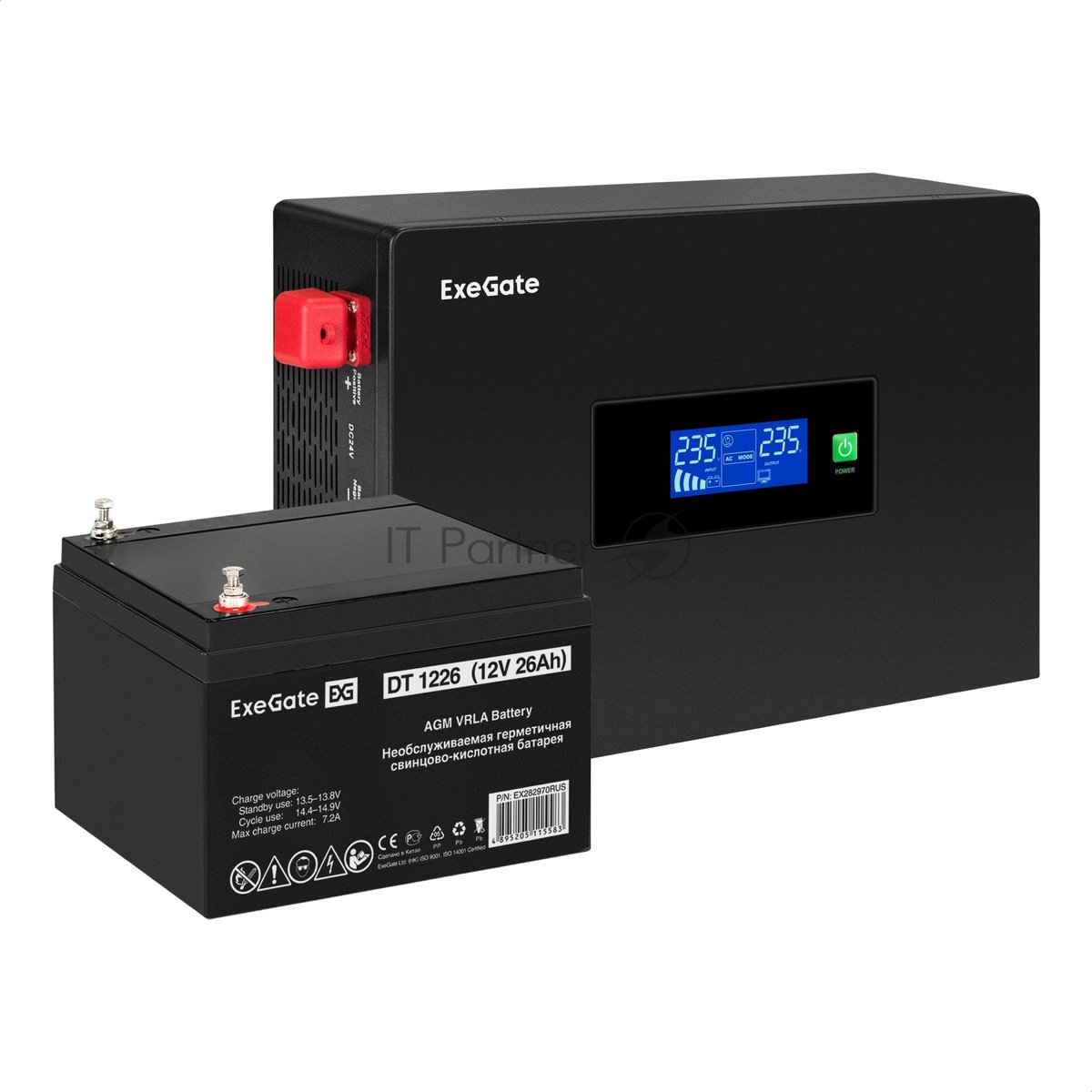 Комплект Источник бесперебойного питания EX295992RUS + батарея 26Aч EX282970RUS 1шт (инвертор, синус, для котла, PF=1, настенный) ExeGate IdealSine SR-600.LCD.2SH <600VA/600W, чистая синусоида, цветной LCD-дисплей, 2*Schuko, крепление настенное, черный> + батарея ExeGate DT 1226 (12В, 26А·ч) 1шт