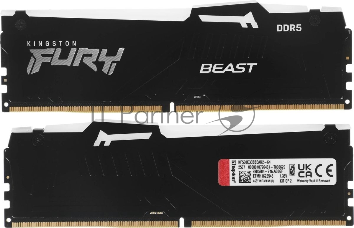 Оперативная память Kingston Fury Beast, DDR5, 64Gb (2x32Gb), 6000MHz, CL36, DIMM, с радиаторами, RGB, черный